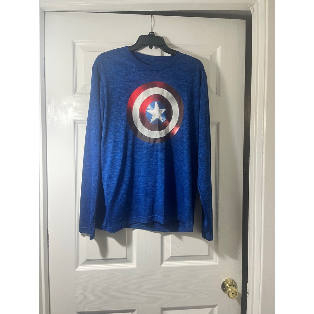Marvel Avengers Captain America Shield Long Sleeve Shirt Mens Large Blue Heather